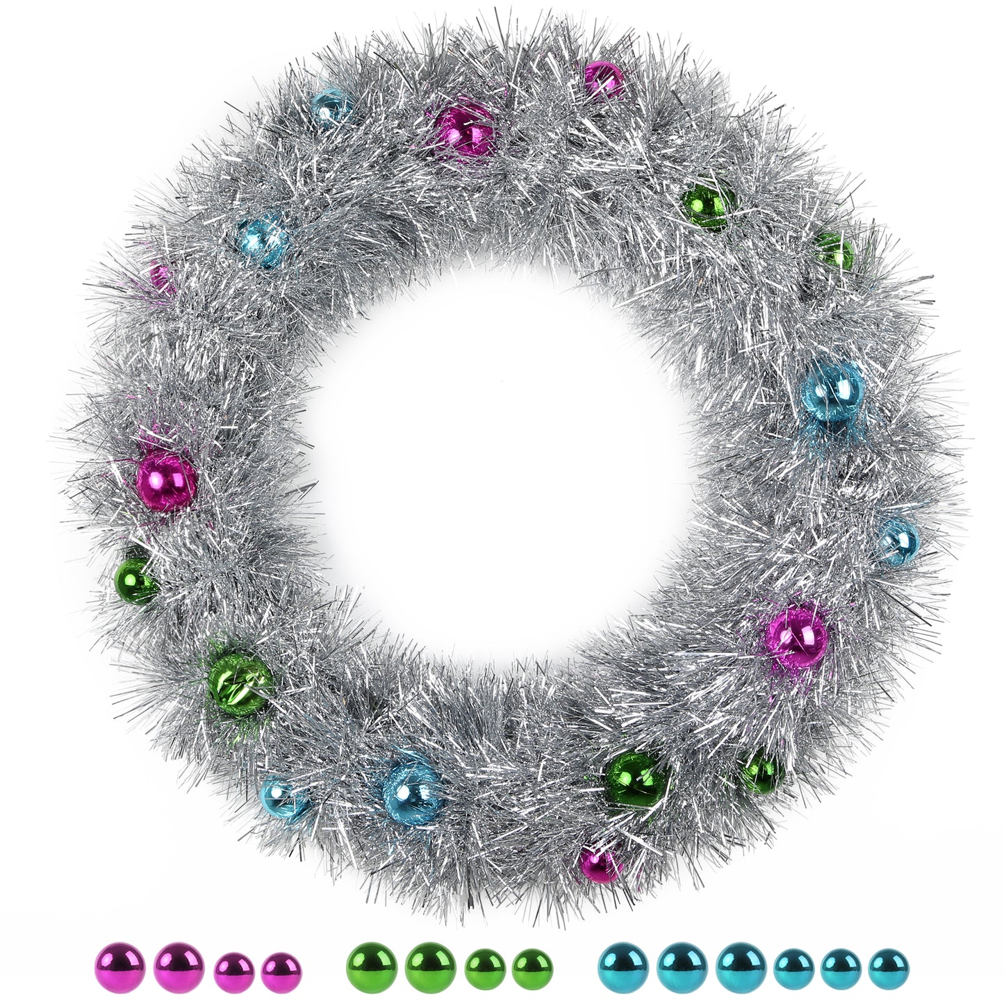 IZNEN Christmas Wreath,Tinsel Christmas Ball Wreath, Christmas Wreaths for front door,Outdoor Christmas Wreaths Weatherproof,Large 24" Wreaths with Shatterproof Ball Ornaments,Silver,Red,Green,Blue