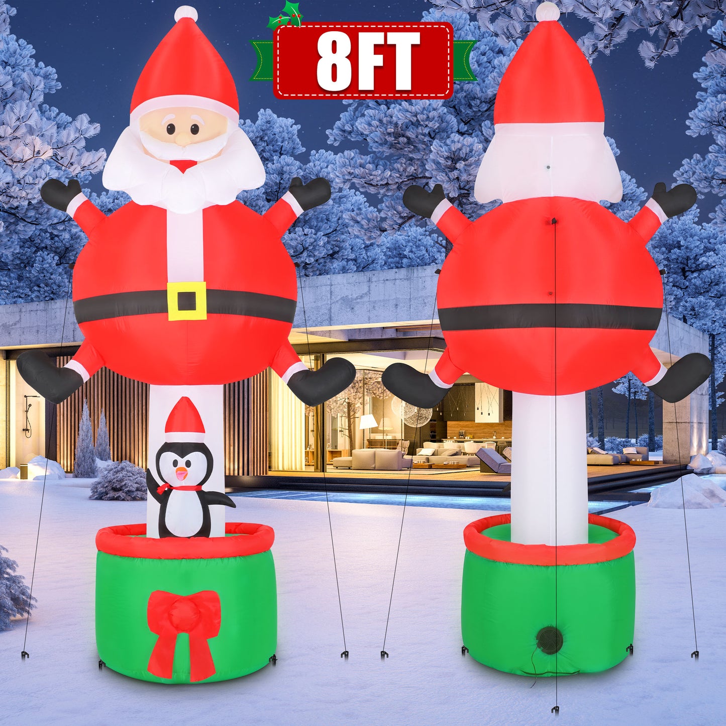 INZEN 8FT Christmas Inflatable Santa Claus Outdoor Decoration Blow Up with Penguin and Gift, Built-In LED Lights, for Christmas Party, Yard, Garden and Lawn