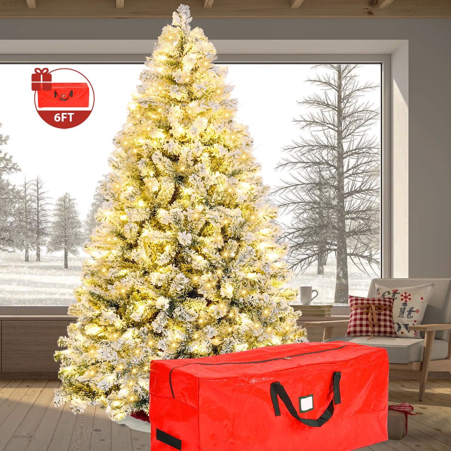 IZNEN 6ft Prelit Snow Flocked Christmas Tree,8 Modes LED Lights,Artificial Xmas Tree with Large Storage Bag