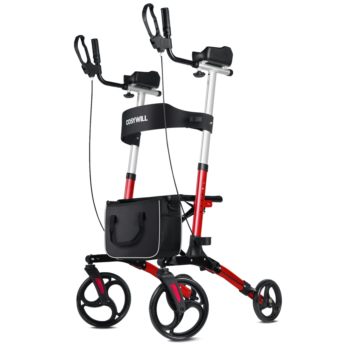 COSYWILL Upright Walker, Stand Up Rollator Walker with Padded Seat and Backrest, Lightweight, Compact Folding, Fully Adjustment Frame for Seniors, Red