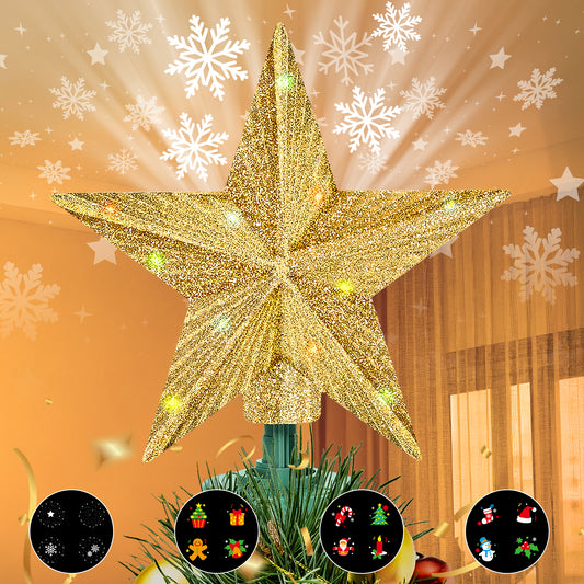 IZNEN Christmas Tree Topper Lighted,LED Christmas Tree Star Topper Rotating Lights,Christmas Tree Topper Projector with 4 Projection Modes for Indoor Christmas Tree Decor,Gold