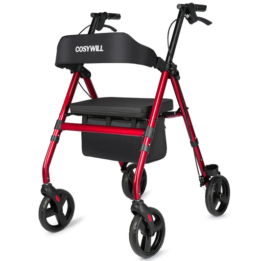 COSYWILL Steel Rollator Walker with 10Inch EVA Noiseless Wheels, Folding Rolling Walker,Height Adjustable,Silver, Capacity 300 lbs Red