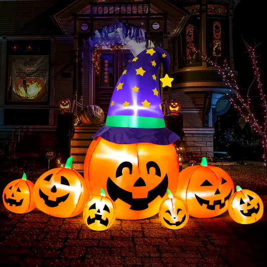 INZEN 8ft Halloween Inflatable Blow Up Pumpkin Decoration, 7 Pumpkins with Witches Hat, Built-in LED Lights for Halloween Holiday, Yard, Garden, Lawn