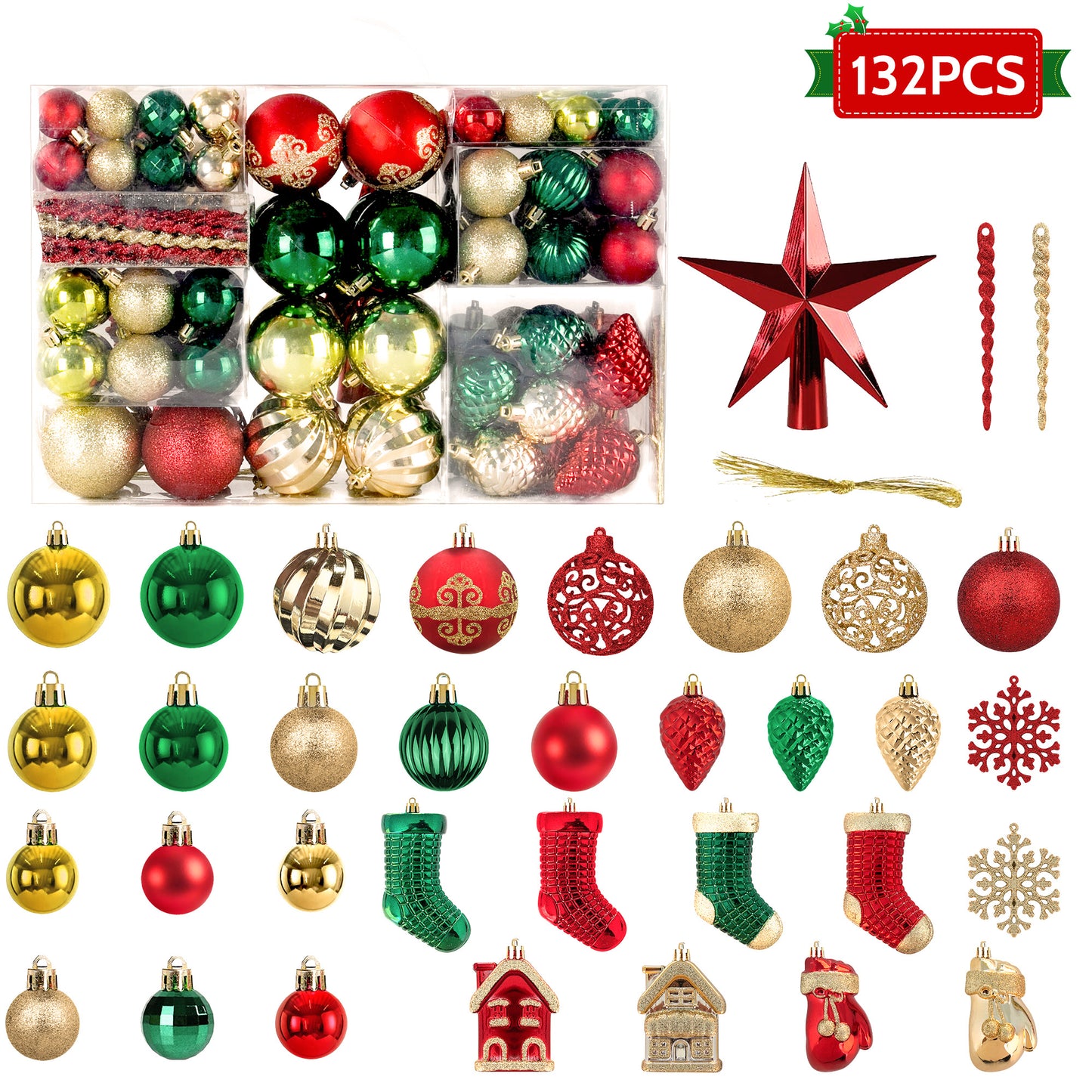 IZNEN 132PCS Christmas Ball Ornament Set, Shatterproof Hanging Christmas Tree Decorations for Holiday Decor Party