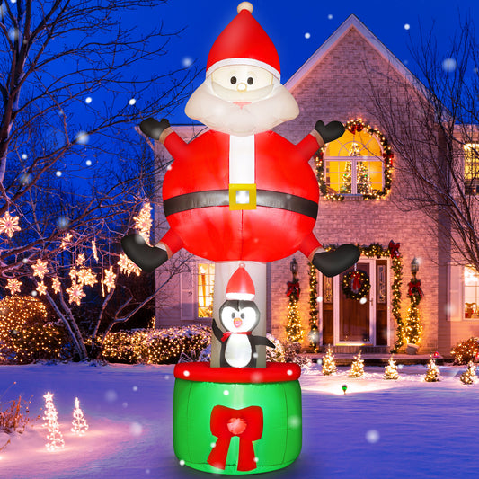 INZEN 8FT Christmas Inflatable Santa Claus Outdoor Decoration Blow Up with Penguin and Gift, Built-In LED Lights, for Christmas Party, Yard, Garden and Lawn