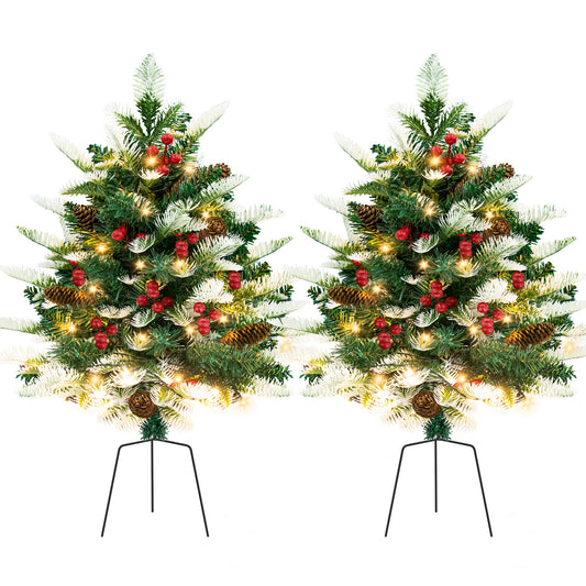 IZNEN 2PCS Small Outdoor Christmas Trees with LED Lights,30" Artificial Xmas Decora for Porch,Yard,Pathway,Garden, Grave,PVC＋PE