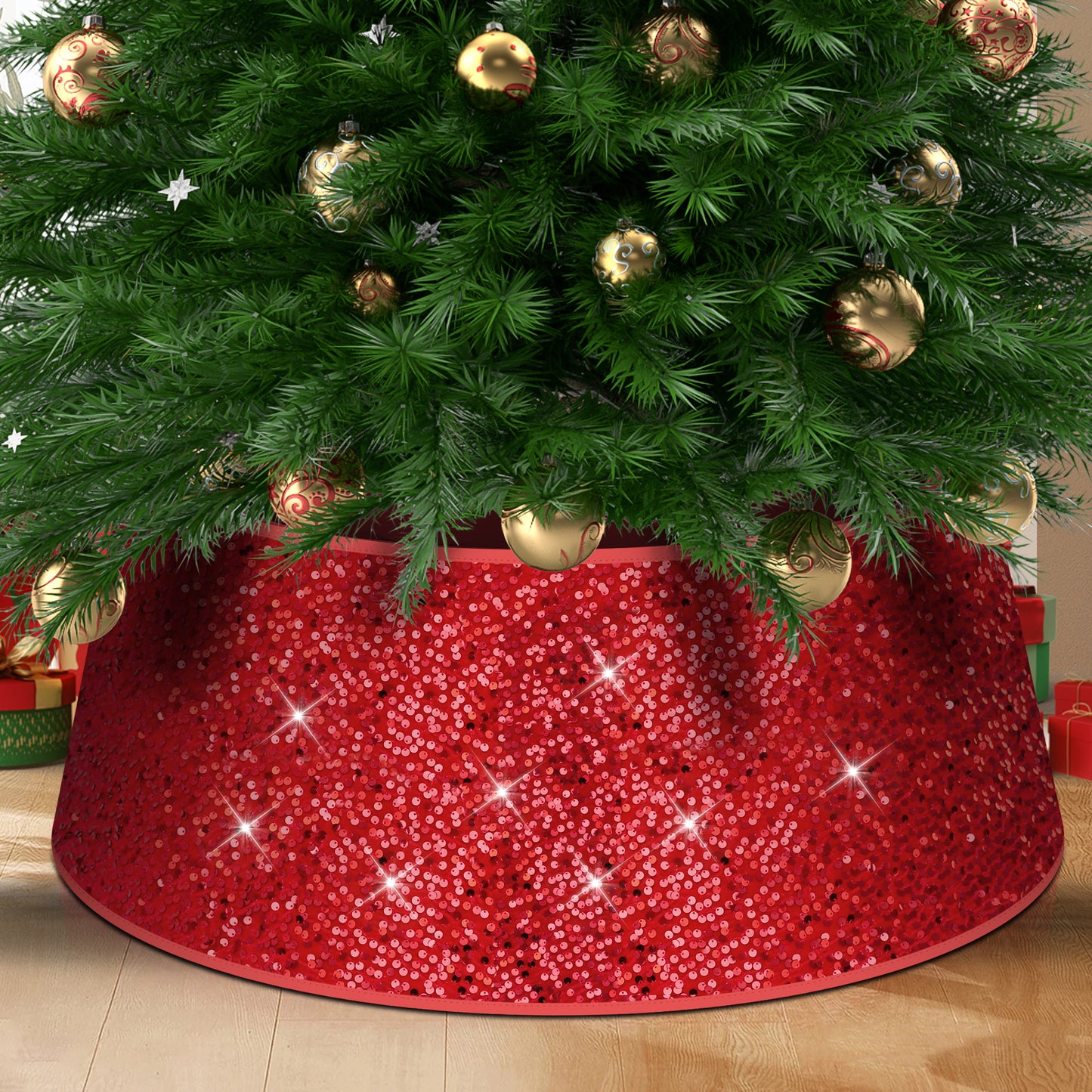 IZNEN Christmas Tree Collar Red 23.6 Inch Rustic Velvet Tree Skirt for Family Reunion Glitter Sequin Christmas Tree Cover Ring Shiny Reversible Christmas Tree Base Cover for Merry Christmas Supply