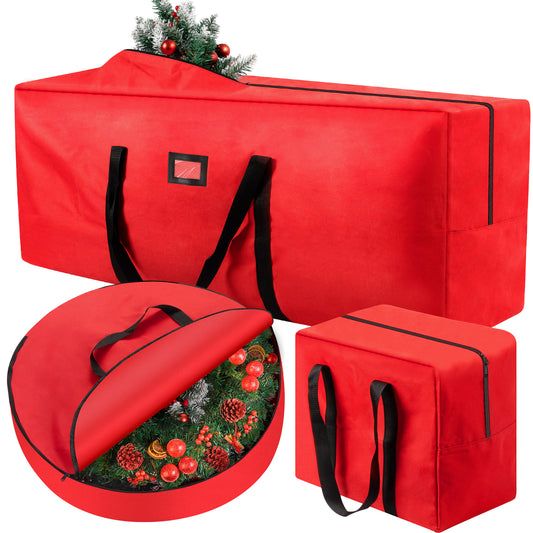 IZNEN 3 Pack Large Christmas Tree Storage Bag,Fits up to 7.5 ft Artificial Trees,Christmas Wreath Garland Storage Bag,Christmas Ornament Storage Box,Reinforced Handles & zipper,Red