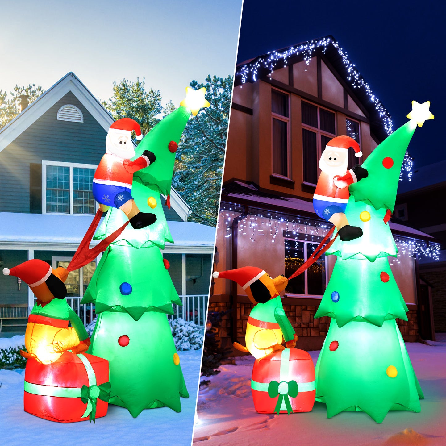 7FT Inflatable Christmas Tree Decorations, Puppy Bites Santa Claus Climbing Blow up Outdoor Christmas Decor with LED Lights for Xmas Yard Garden Patio Lawn