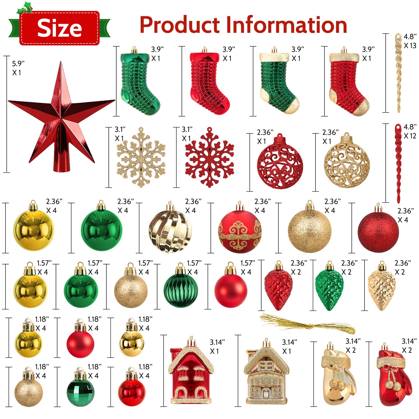 IZNEN 132PCS Christmas Ball Ornament Set, Shatterproof Hanging Christmas Tree Decorations for Holiday Decor Party