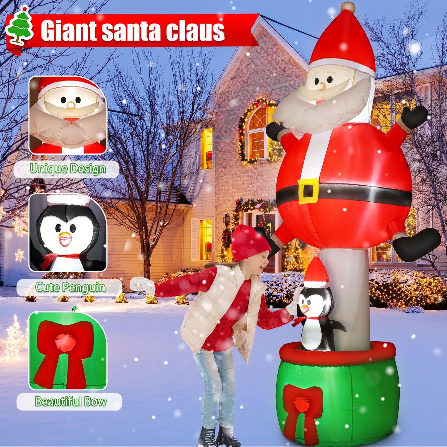 INZEN 8FT Christmas Inflatable Santa Claus Outdoor Decoration Blow Up with Penguin and Gift, Built-In LED Lights, for Christmas Party, Yard, Garden and Lawn