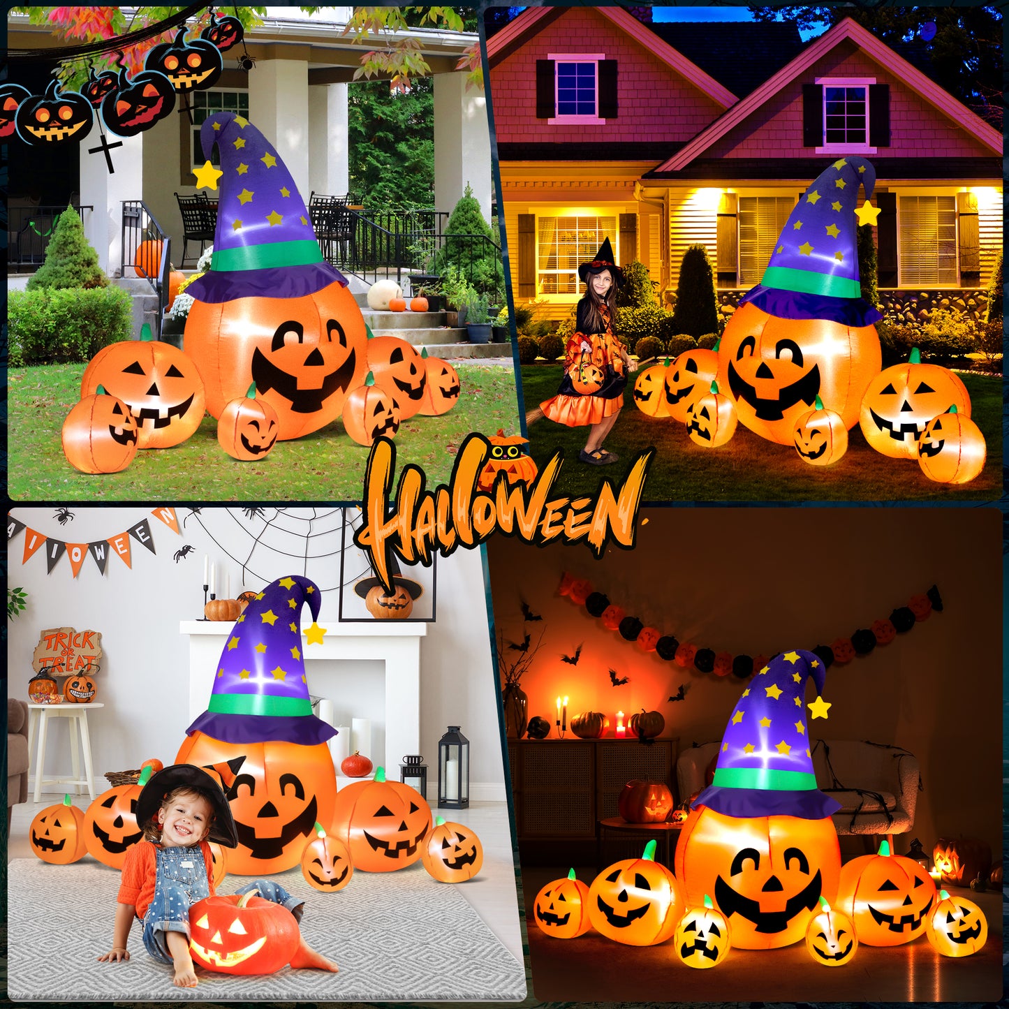 INZEN 8ft Halloween Inflatable Blow Up Pumpkin Decoration, 7 Pumpkins with Witches Hat, Built-in LED Lights for Halloween Holiday, Yard, Garden, Lawn