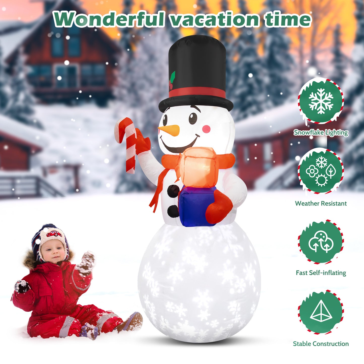 IZNEN 5FT Christmas Inflatables Snowman Decorations,Outdoor Snowman Decor,Christmas Blow Up Yard Inflatables with 360° Rotating Snowflake LED Lights