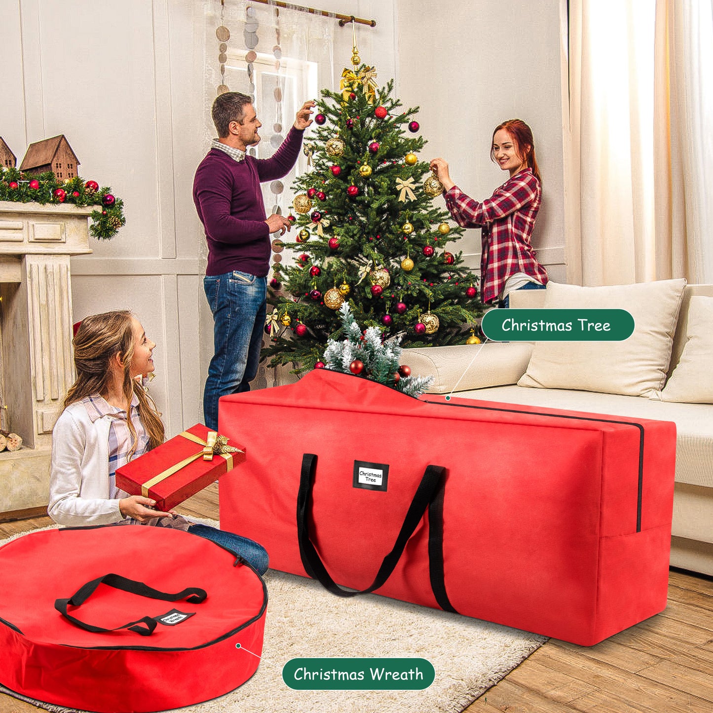 IZNEN 3 Pack Large Christmas Tree Storage Bag,Fits up to 7.5 ft Artificial Trees,Christmas Wreath Garland Storage Bag,Christmas Ornament Storage Box,Reinforced Handles & zipper,Red