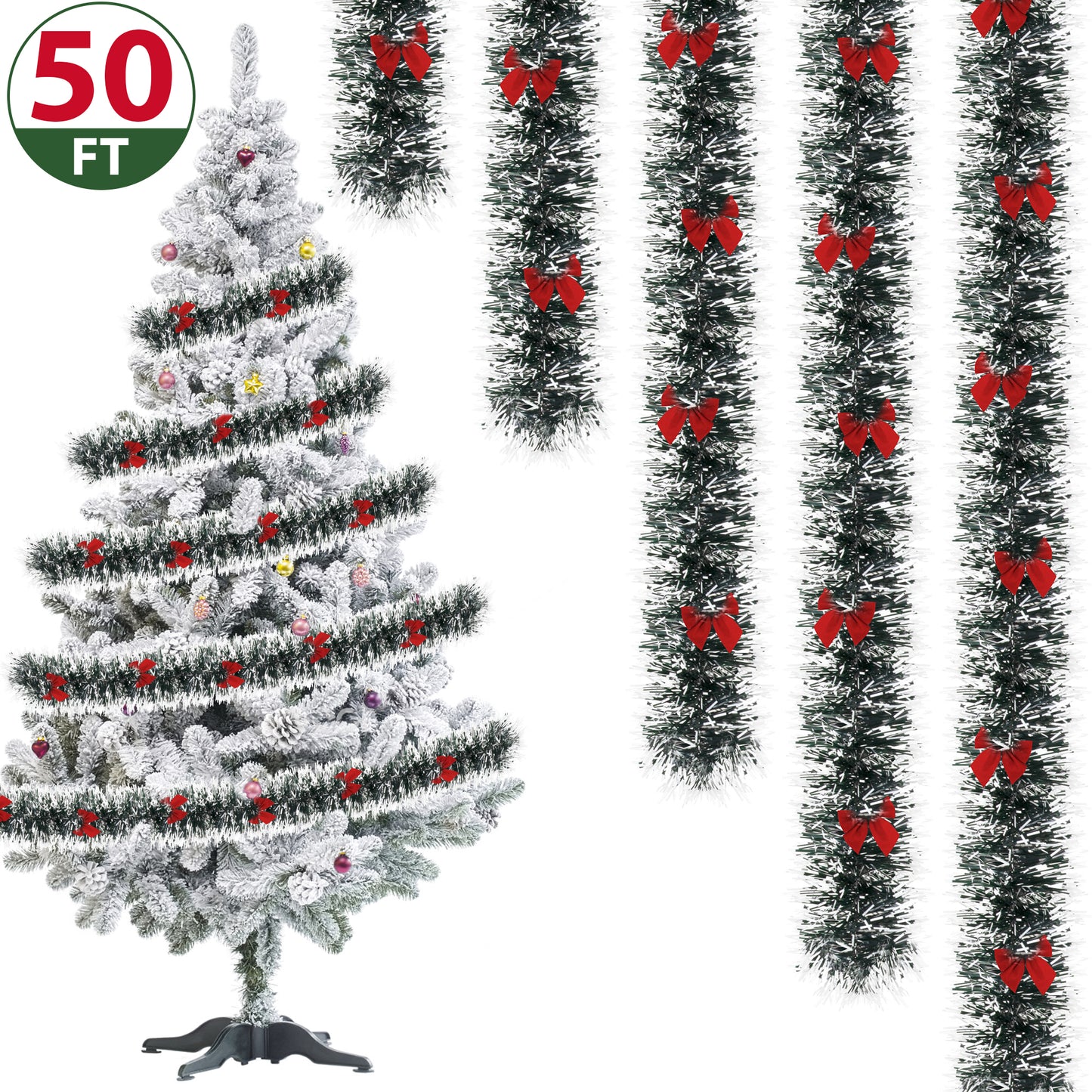 IZNEN Christmas Garland,Christmas Tinsel Garland with 38 Red Bows,Garland Christmas Decorations for Outdoor、Indoor、Holiday Party