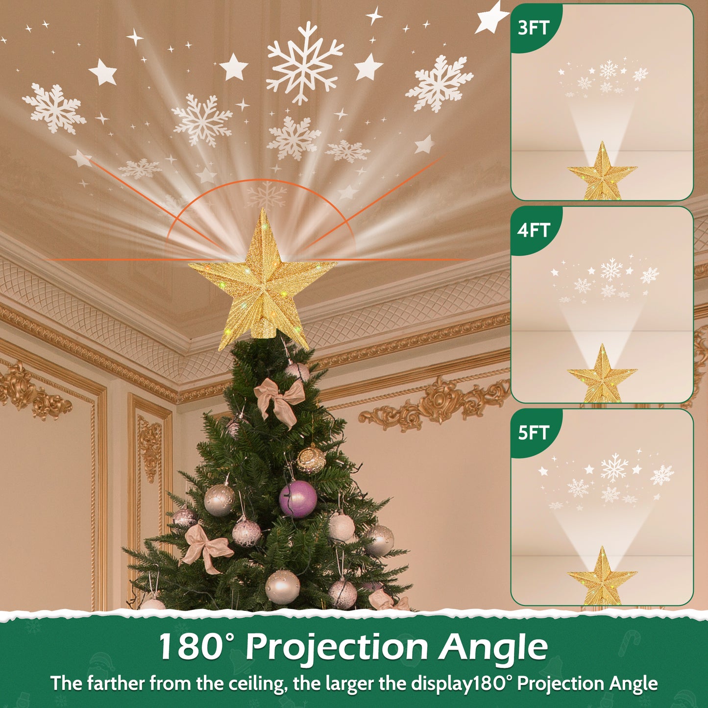 IZNEN Christmas Tree Topper Lighted,LED Christmas Tree Star Topper Rotating Lights,Christmas Tree Topper Projector with 4 Projection Modes for Indoor Christmas Tree Decor,Gold