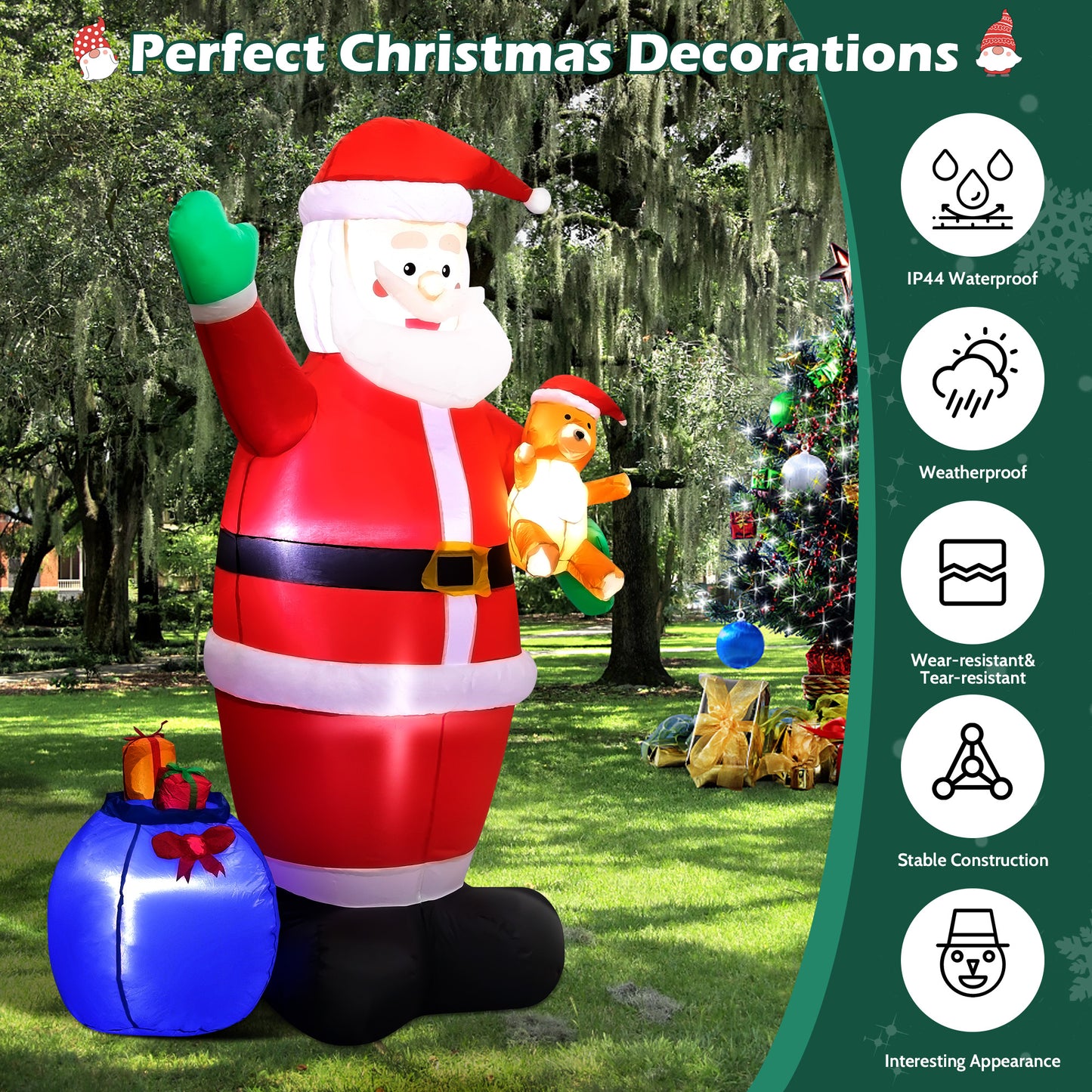 INZEN 7FT Christmas Inflatable Senior Citizen Outdoor Decor with Gift Bag and Bear Large Blow Up Santa with LED Lights for Yard,Garden,Lawn