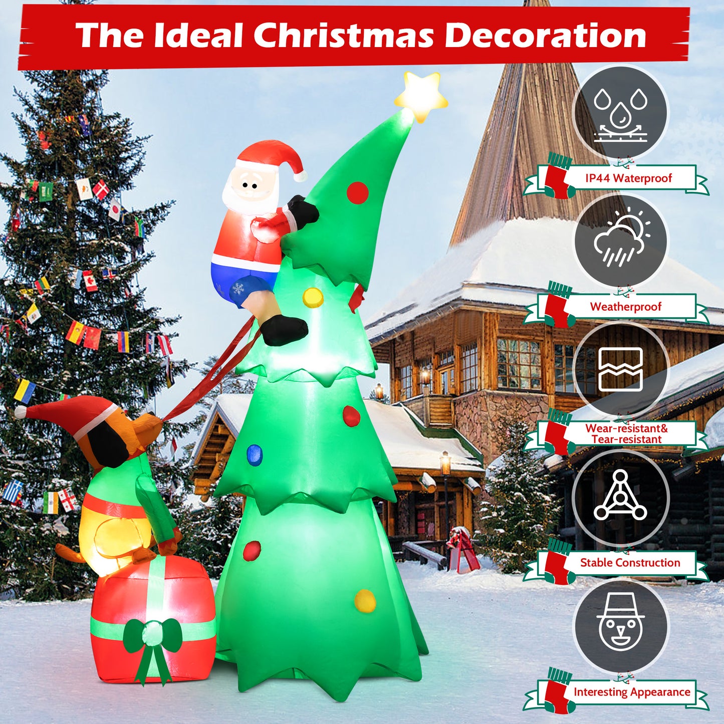 7FT Inflatable Christmas Tree Decorations, Puppy Bites Santa Claus Climbing Blow up Outdoor Christmas Decor with LED Lights for Xmas Yard Garden Patio Lawn