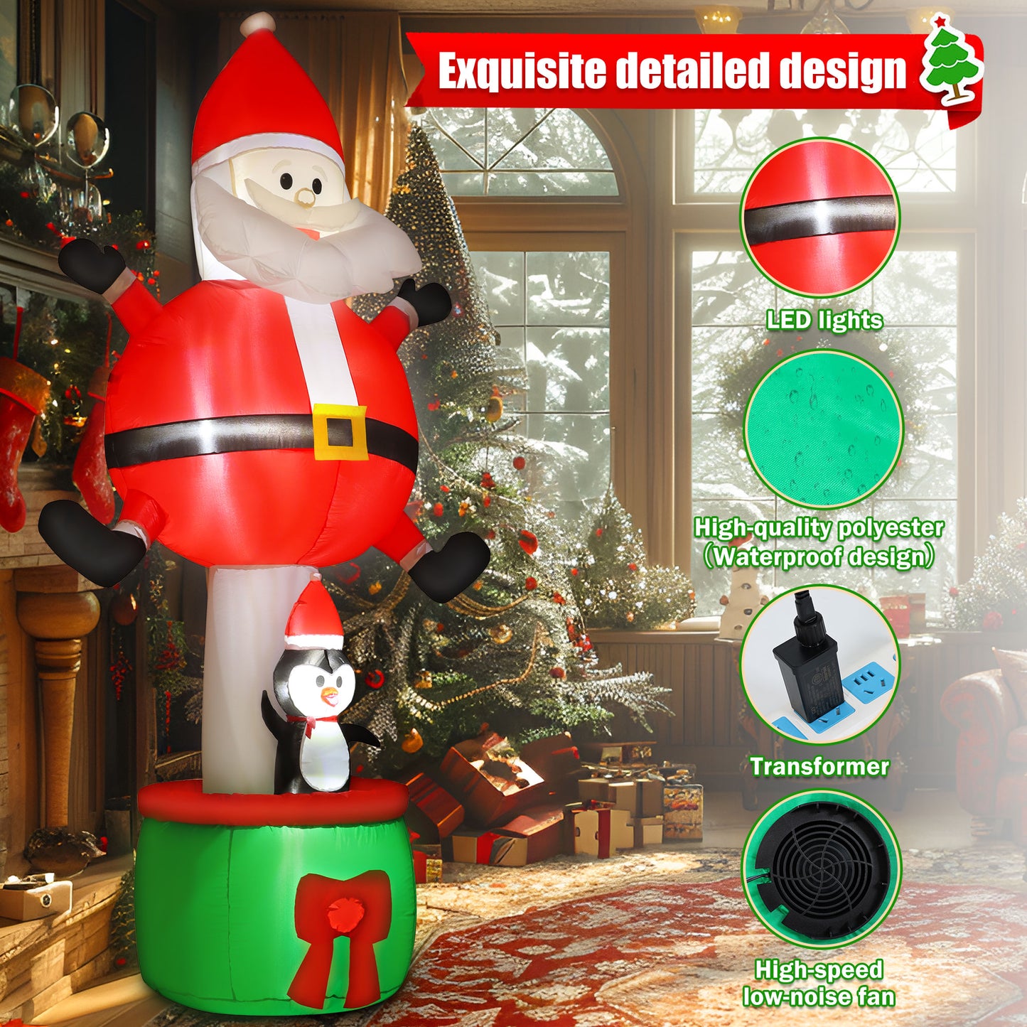 INZEN 8FT Christmas Inflatable Santa Claus Outdoor Decoration Blow Up with Penguin and Gift, Built-In LED Lights, for Christmas Party, Yard, Garden and Lawn