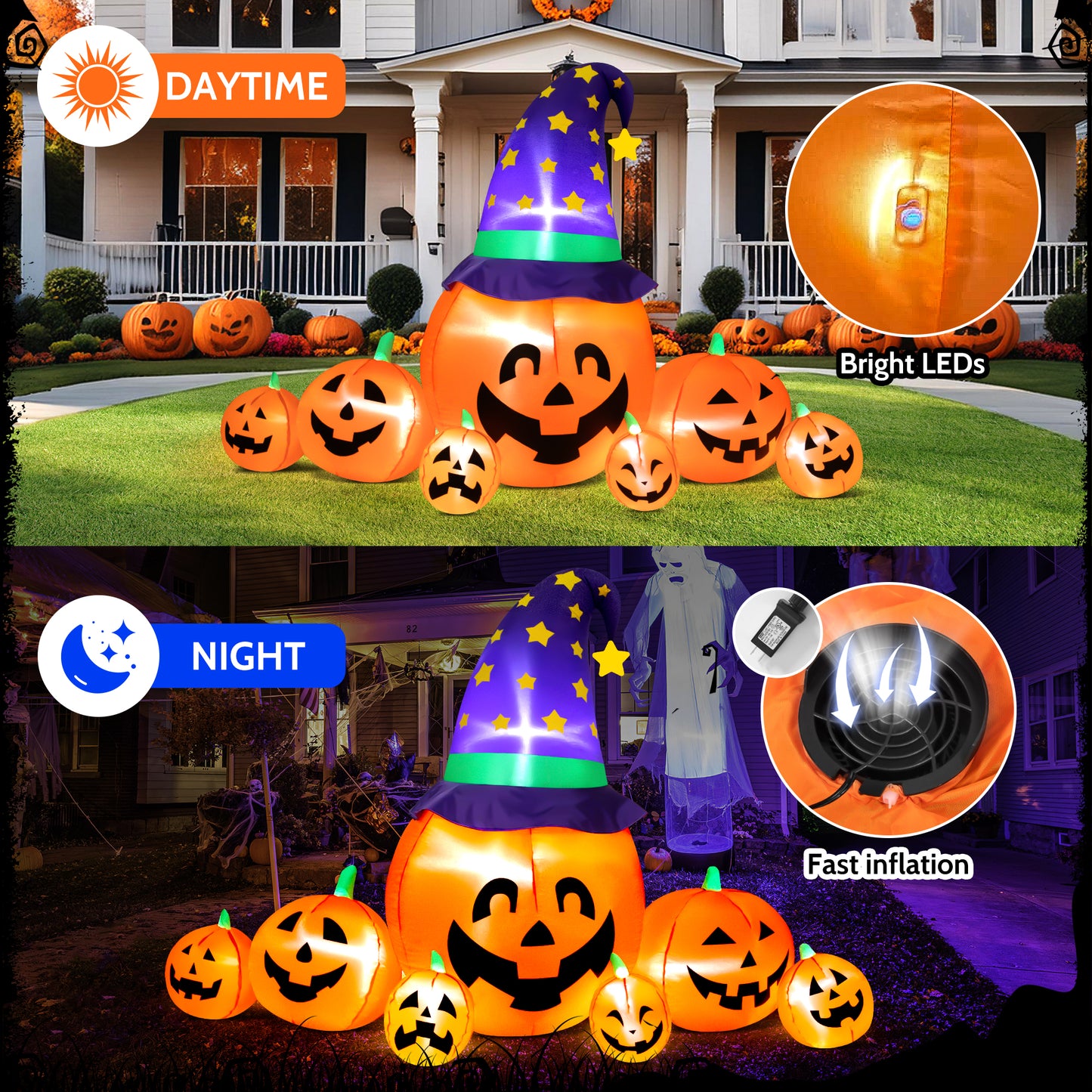 INZEN 8ft Halloween Inflatable Blow Up Pumpkin Decoration, 7 Pumpkins with Witches Hat, Built-in LED Lights for Halloween Holiday, Yard, Garden, Lawn