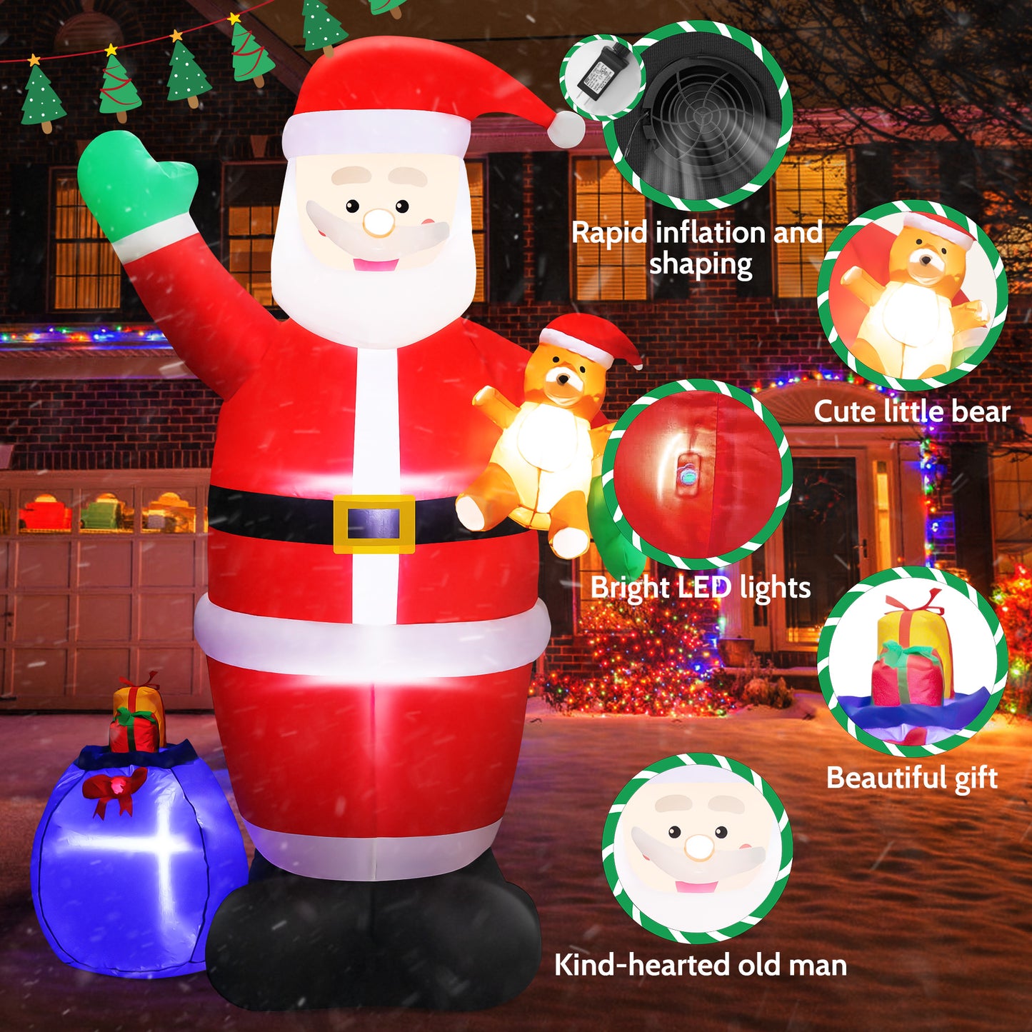 INZEN 7FT Christmas Inflatable Senior Citizen Outdoor Decor with Gift Bag and Bear Large Blow Up Santa with LED Lights for Yard,Garden,Lawn