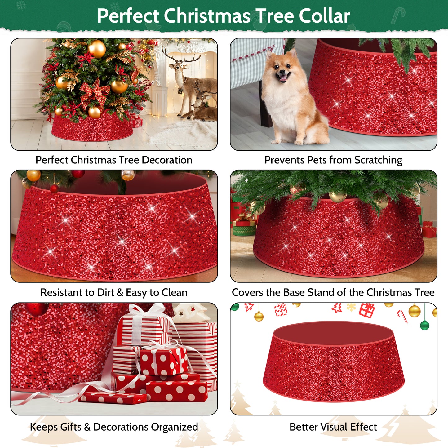 IZNEN Christmas Tree Collar Red 23.6 Inch Rustic Velvet Tree Skirt for Family Reunion Glitter Sequin Christmas Tree Cover Ring Shiny Reversible Christmas Tree Base Cover for Merry Christmas Supply