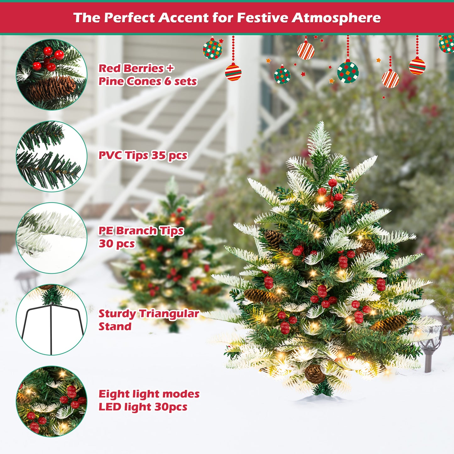 IZNEN 2PCS Small Outdoor Christmas Trees with LED Lights,30" Artificial Xmas Decora for Porch,Yard,Pathway,Garden, Grave,PVC＋PE