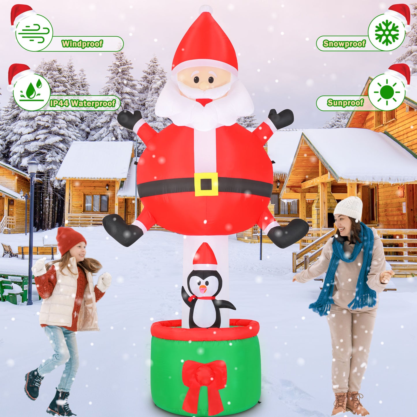 INZEN 8FT Christmas Inflatable Santa Claus Outdoor Decoration Blow Up with Penguin and Gift, Built-In LED Lights, for Christmas Party, Yard, Garden and Lawn