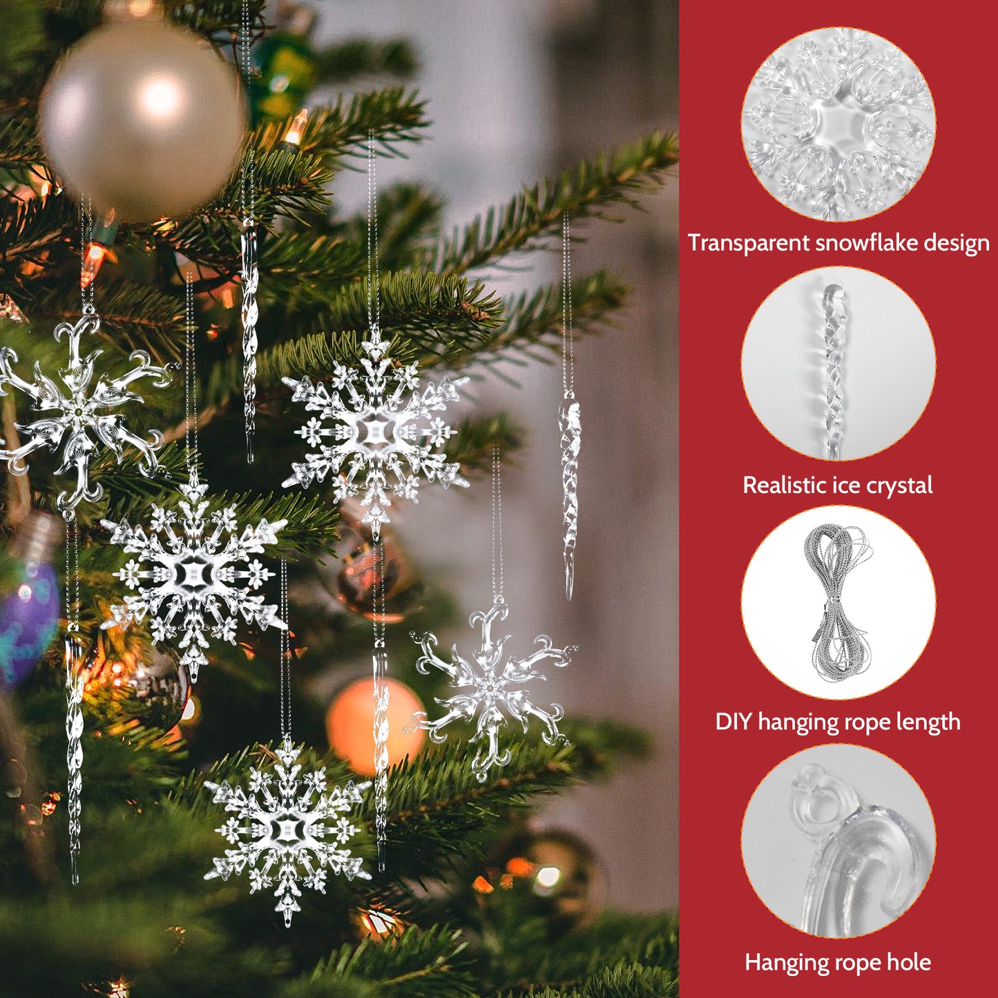 IZNEN 36 Pcs Christmas Tree Crystal Decorations, Hanging Acrylic Navidad Snowflake Icicle Pendant Crystal Ornaments for Holiday Decor, New Year Party