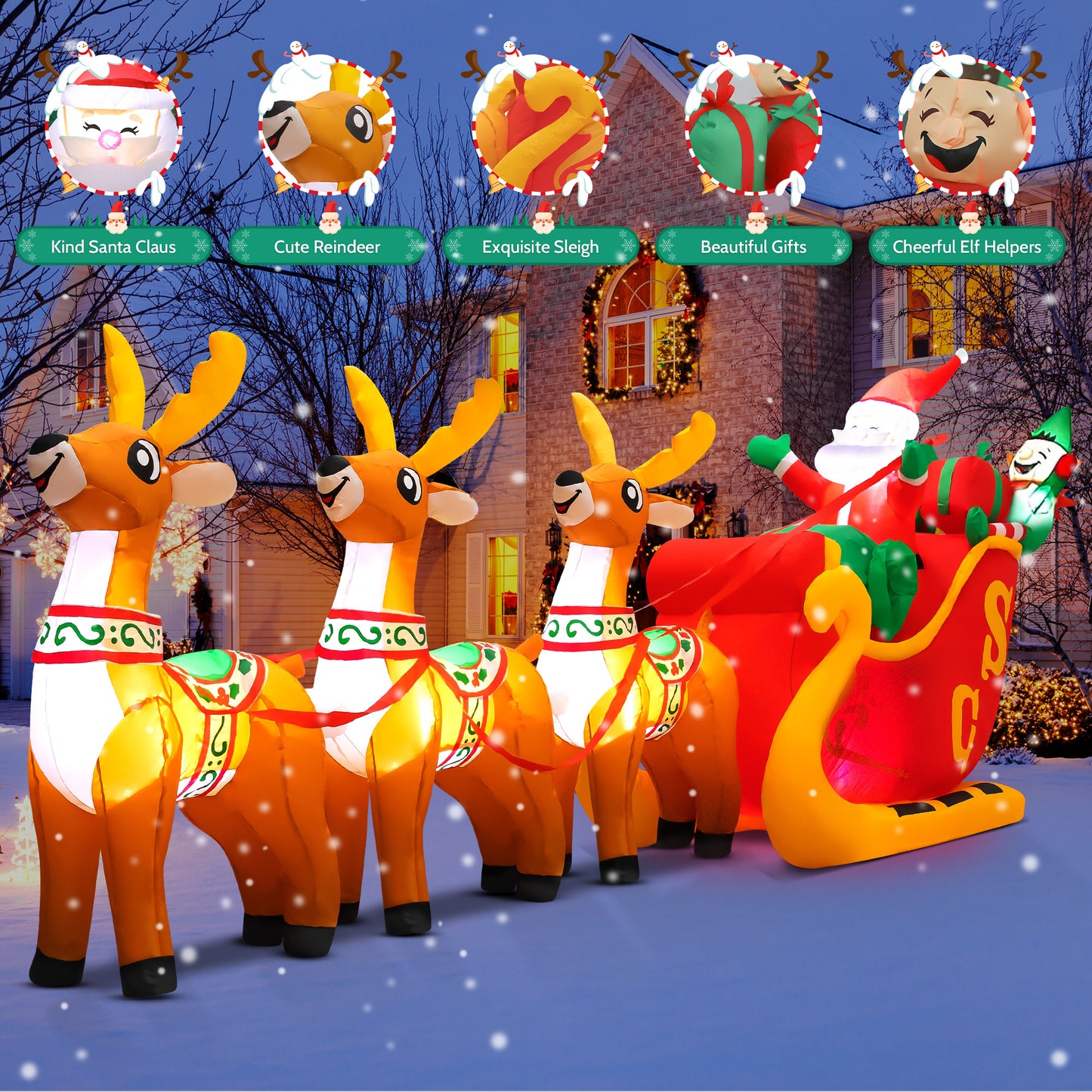 INZEN 10ft Christmas Inflatable Santa Sleigh with 3 Reindeer Outdoor Lights Decor for Holiday Decoration, Xmas Party, Yard, Garden and Lawn