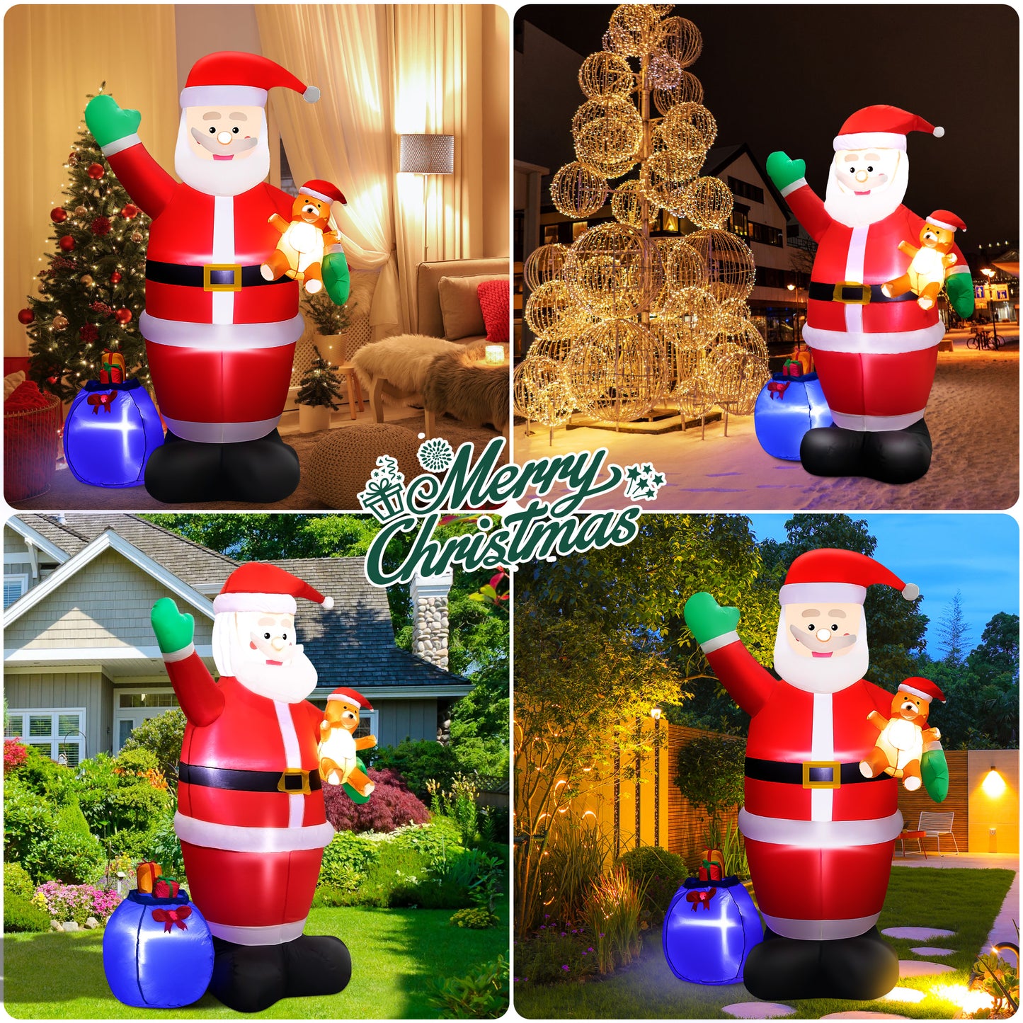 INZEN 7FT Christmas Inflatable Senior Citizen Outdoor Decor with Gift Bag and Bear Large Blow Up Santa with LED Lights for Yard,Garden,Lawn