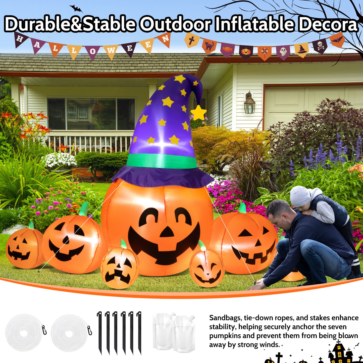 INZEN 8ft Halloween Inflatable Blow Up Pumpkin Decoration, 7 Pumpkins with Witches Hat, Built-in LED Lights for Halloween Holiday, Yard, Garden, Lawn