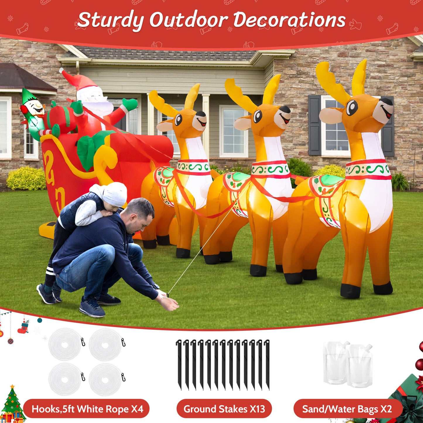 INZEN 10ft Christmas Inflatable Santa Sleigh with 3 Reindeer Outdoor Lights Decor for Holiday Decoration, Xmas Party, Yard, Garden and Lawn