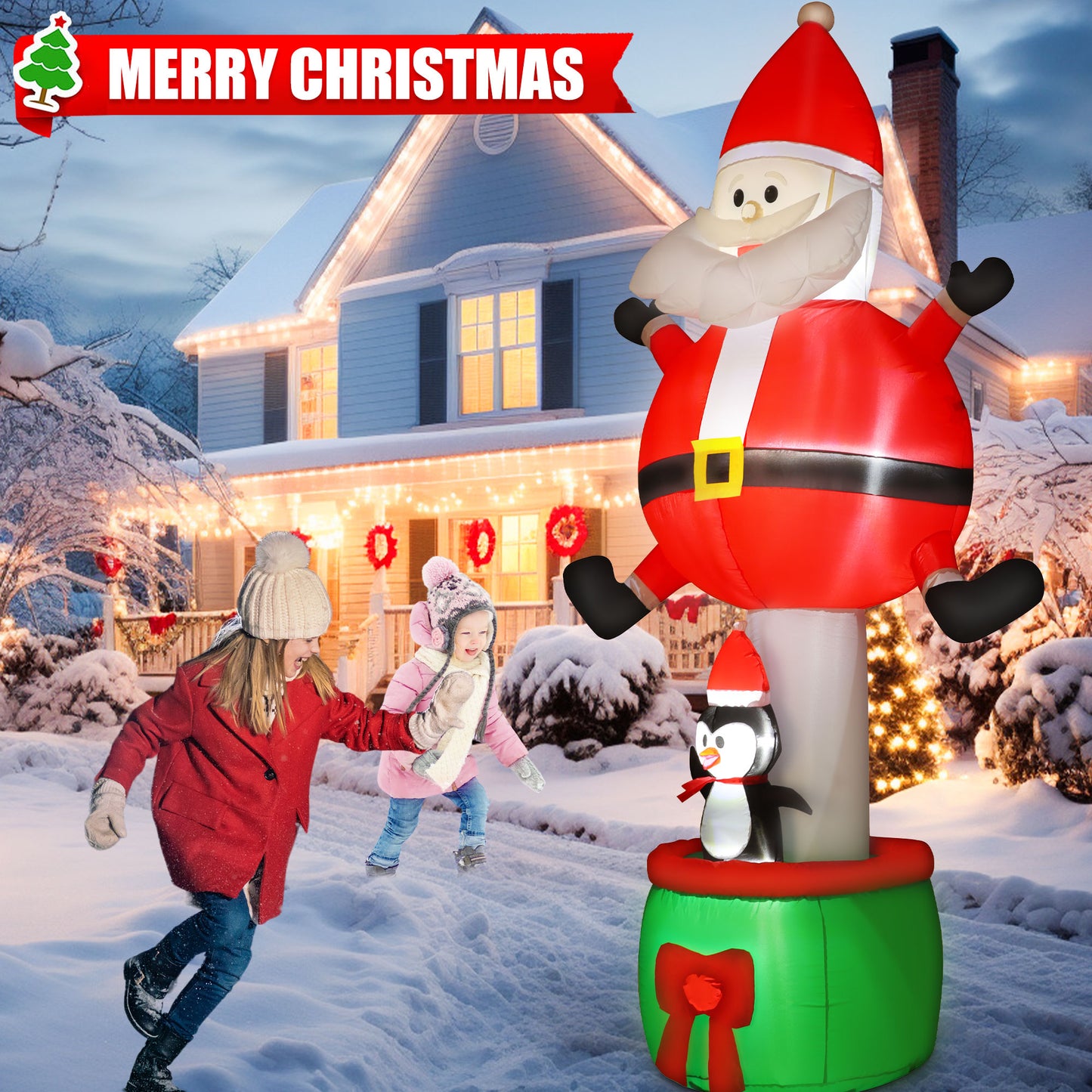 INZEN 8FT Christmas Inflatable Santa Claus Outdoor Decoration Blow Up with Penguin and Gift, Built-In LED Lights, for Christmas Party, Yard, Garden and Lawn