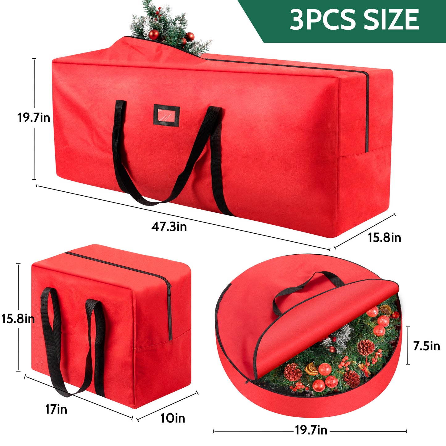 IZNEN 3 Pack Large Christmas Tree Storage Bag,Fits up to 7.5 ft Artificial Trees,Christmas Wreath Garland Storage Bag,Christmas Ornament Storage Box,Reinforced Handles & zipper,Red