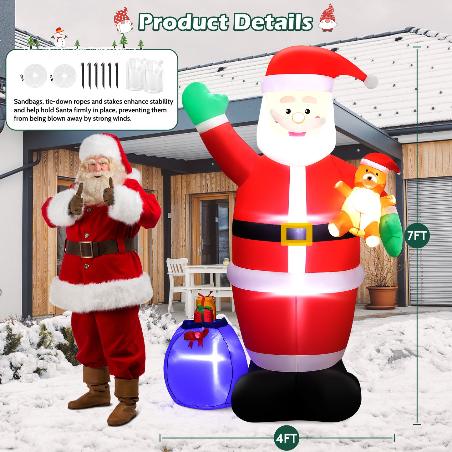 INZEN 7FT Christmas Inflatable Senior Citizen Outdoor Decor with Gift Bag and Bear Large Blow Up Santa with LED Lights for Yard,Garden,Lawn