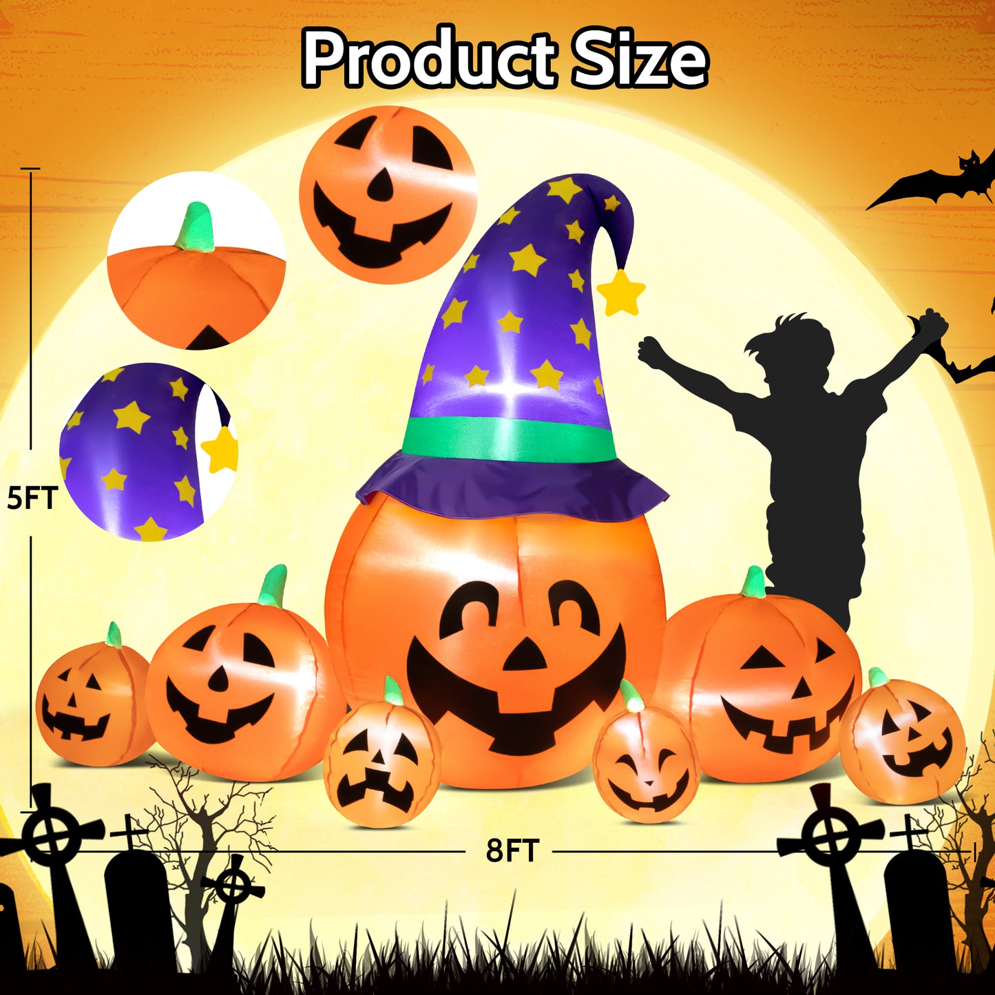 INZEN 8ft Halloween Inflatable Blow Up Pumpkin Decoration, 7 Pumpkins with Witches Hat, Built-in LED Lights for Halloween Holiday, Yard, Garden, Lawn