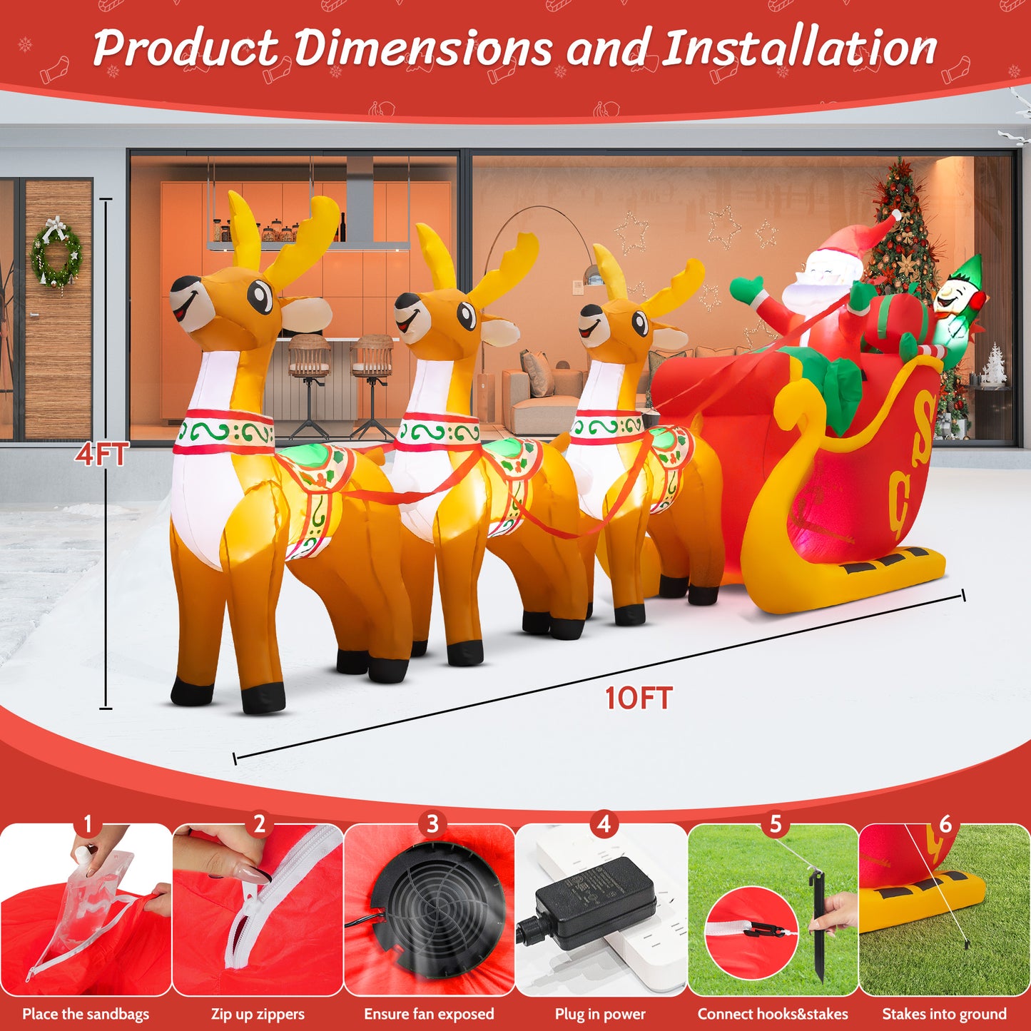 INZEN 10ft Christmas Inflatable Santa Sleigh with 3 Reindeer Outdoor Lights Decor for Holiday Decoration, Xmas Party, Yard, Garden and Lawn