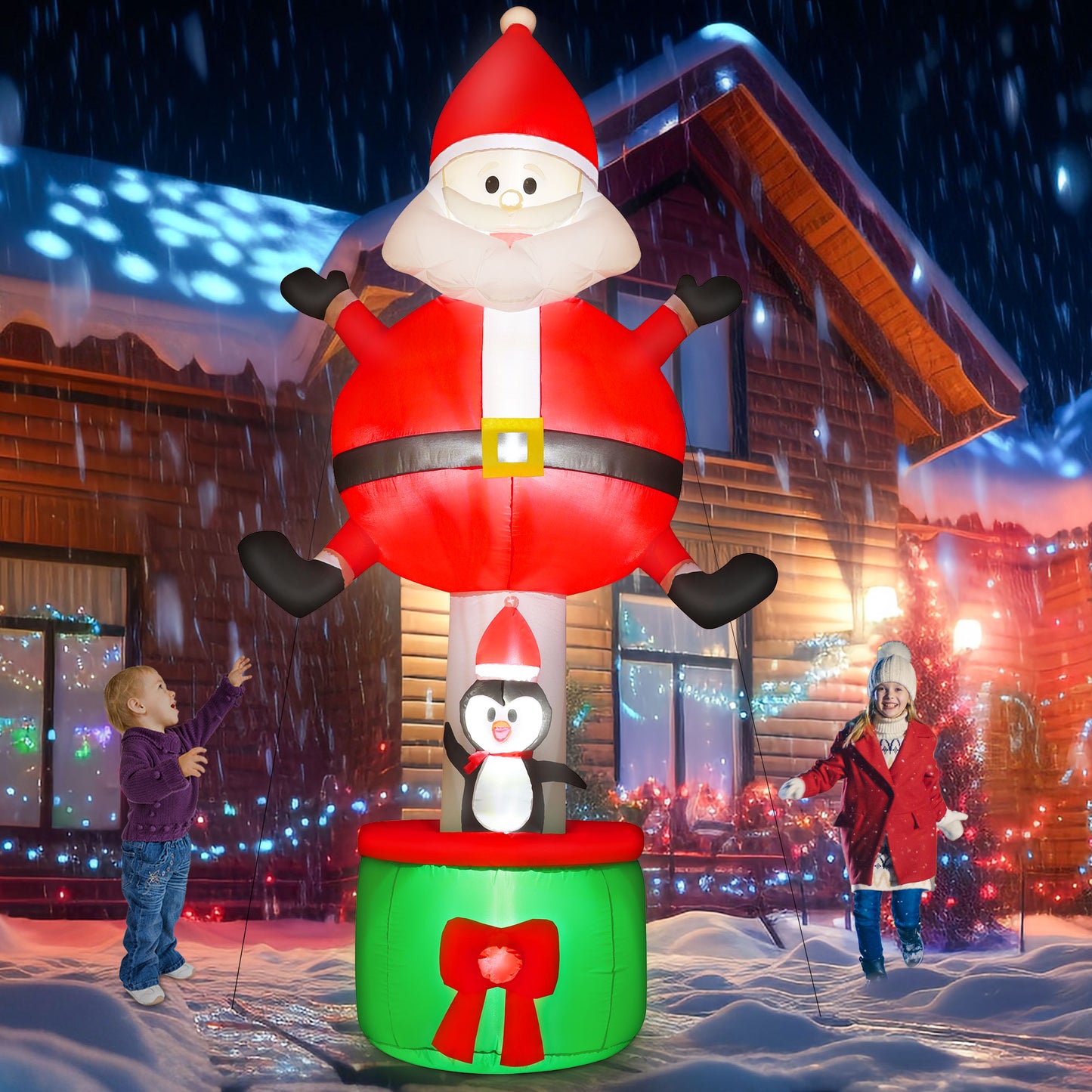 INZEN 8FT Christmas Inflatable Santa Claus Outdoor Decoration Blow Up with Penguin and Gift, Built-In LED Lights, for Christmas Party, Yard, Garden and Lawn