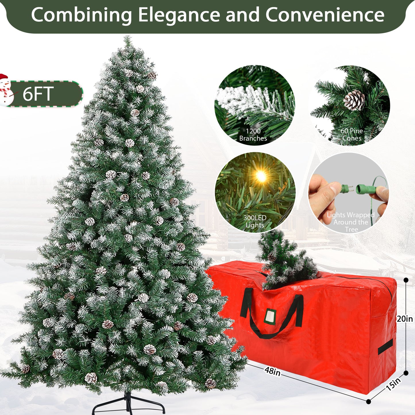 INZEN 6 ft. Pre-Lighted Christmas Tree, 8 Modes LED Lights, Artificial Xmas Tree with Large Storage Bag