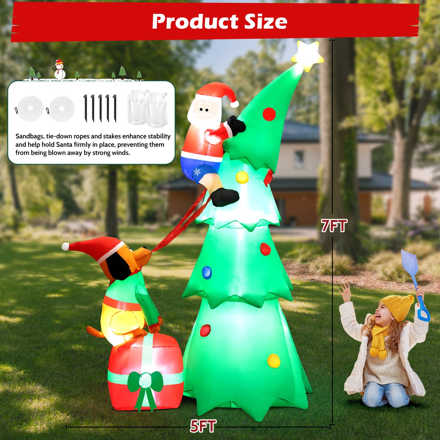 7FT Inflatable Christmas Tree Decorations, Puppy Bites Santa Claus Climbing Blow up Outdoor Christmas Decor with LED Lights for Xmas Yard Garden Patio Lawn