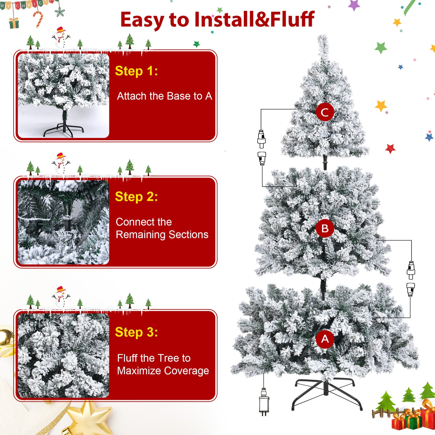 IZNEN 6ft Prelit Snow Flocked Christmas Tree,8 Modes LED Lights,Artificial Xmas Tree with Large Storage Bag