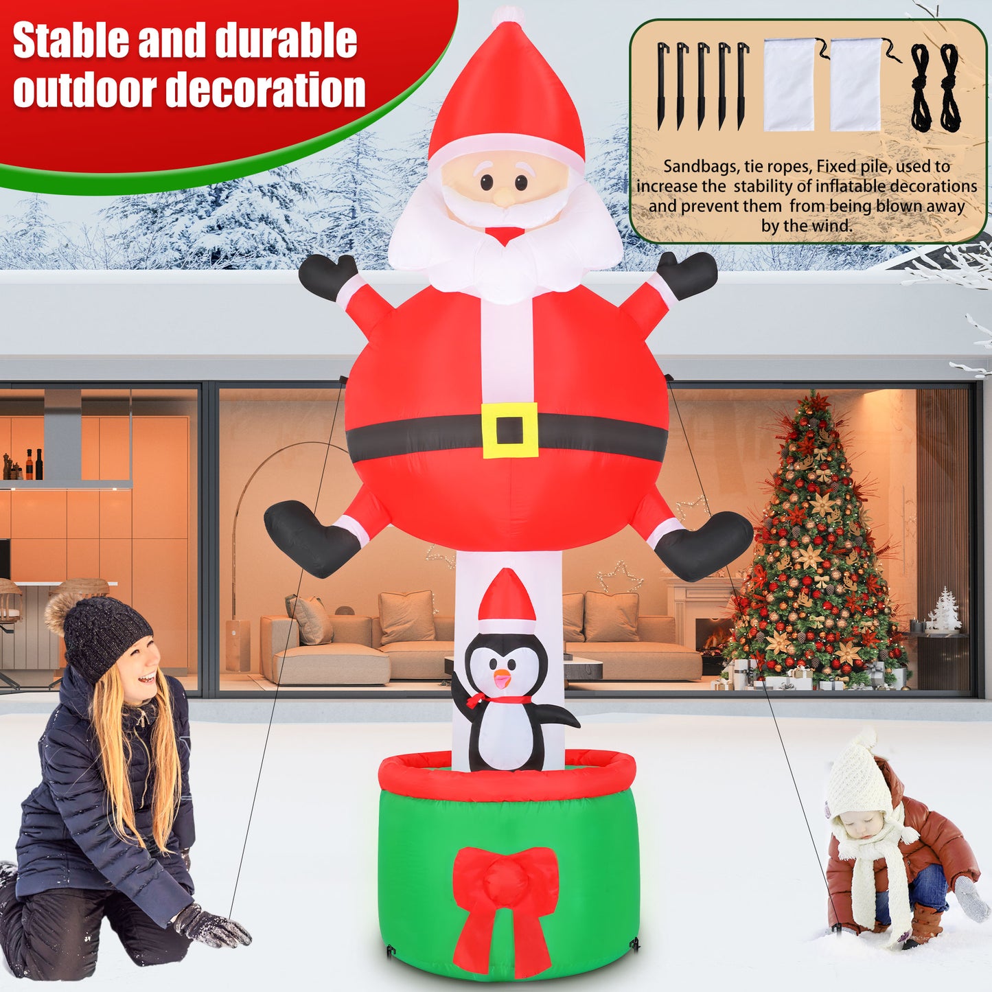 INZEN 8FT Christmas Inflatable Santa Claus Outdoor Decoration Blow Up with Penguin and Gift, Built-In LED Lights, for Christmas Party, Yard, Garden and Lawn