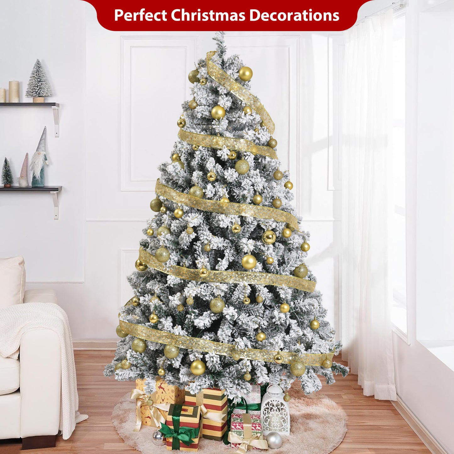 IZNEN 6ft Prelit Snow Flocked Christmas Tree,8 Modes LED Lights,Artificial Xmas Tree with Large Storage Bag