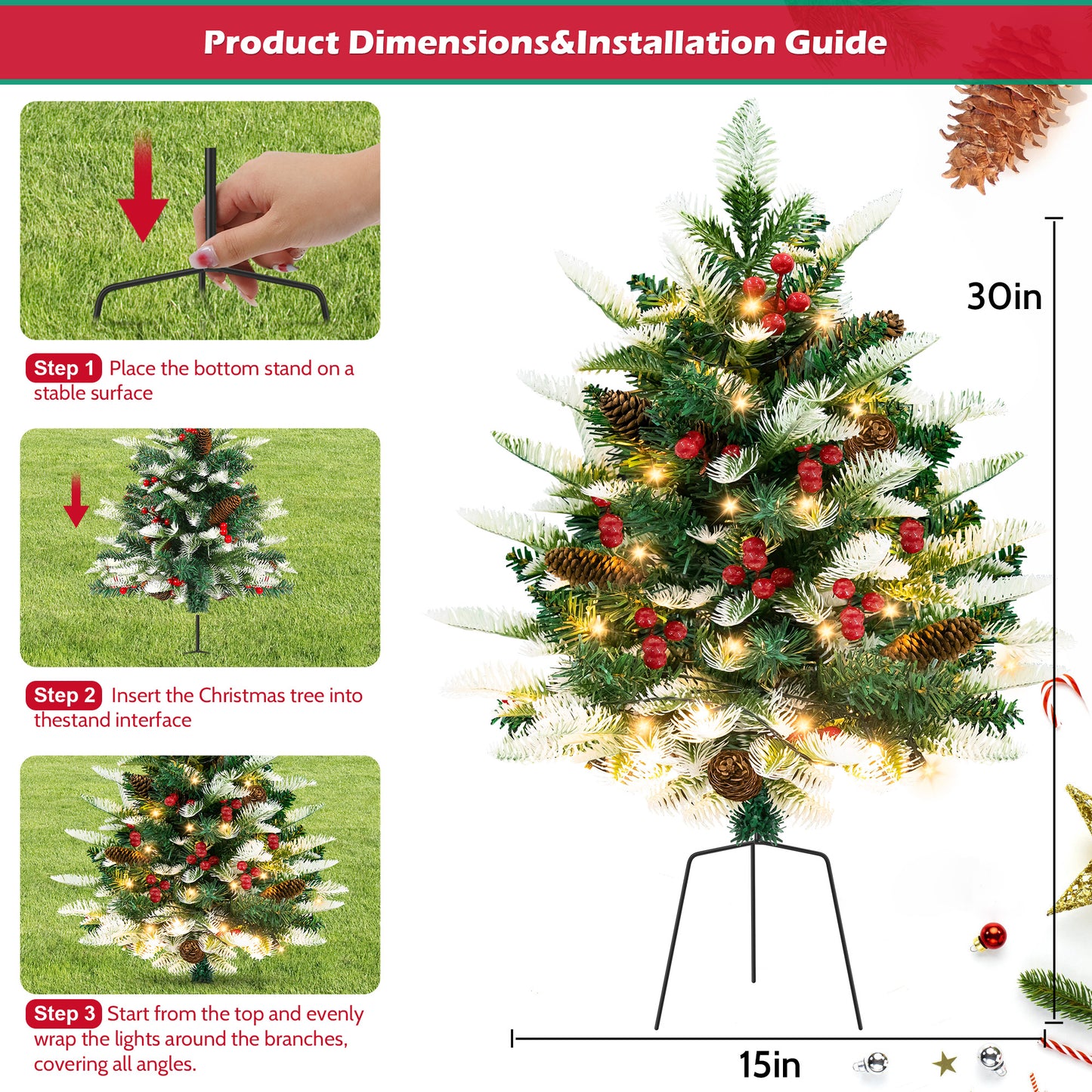 IZNEN 2PCS Small Outdoor Christmas Trees with LED Lights,30" Artificial Xmas Decora for Porch,Yard,Pathway,Garden, Grave,PVC＋PE