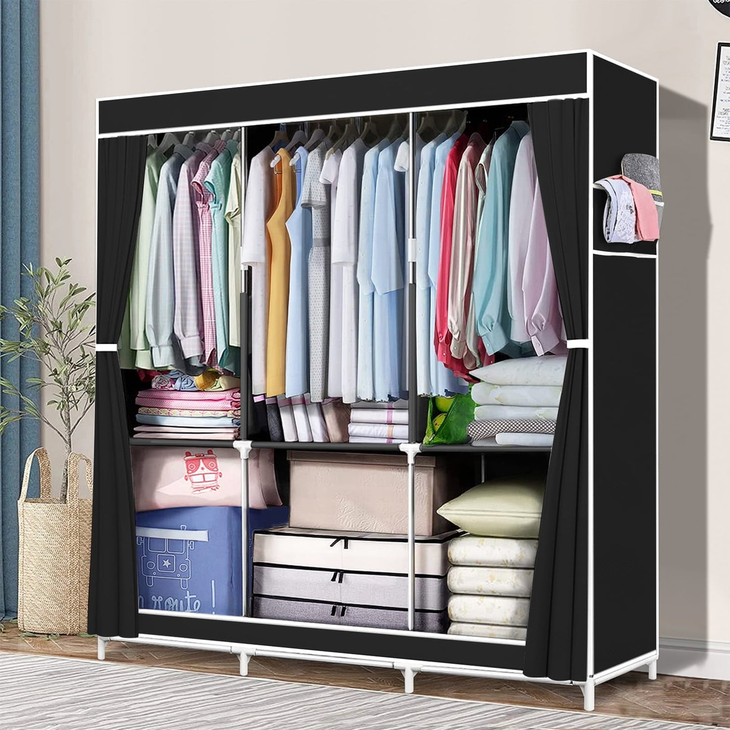 Clothes Organizer 3 Hanging Rod Shelf Portable Closet with Cover Clothes Rack Standing Closet Clothes Storage Wardrobe Garment Cabinet