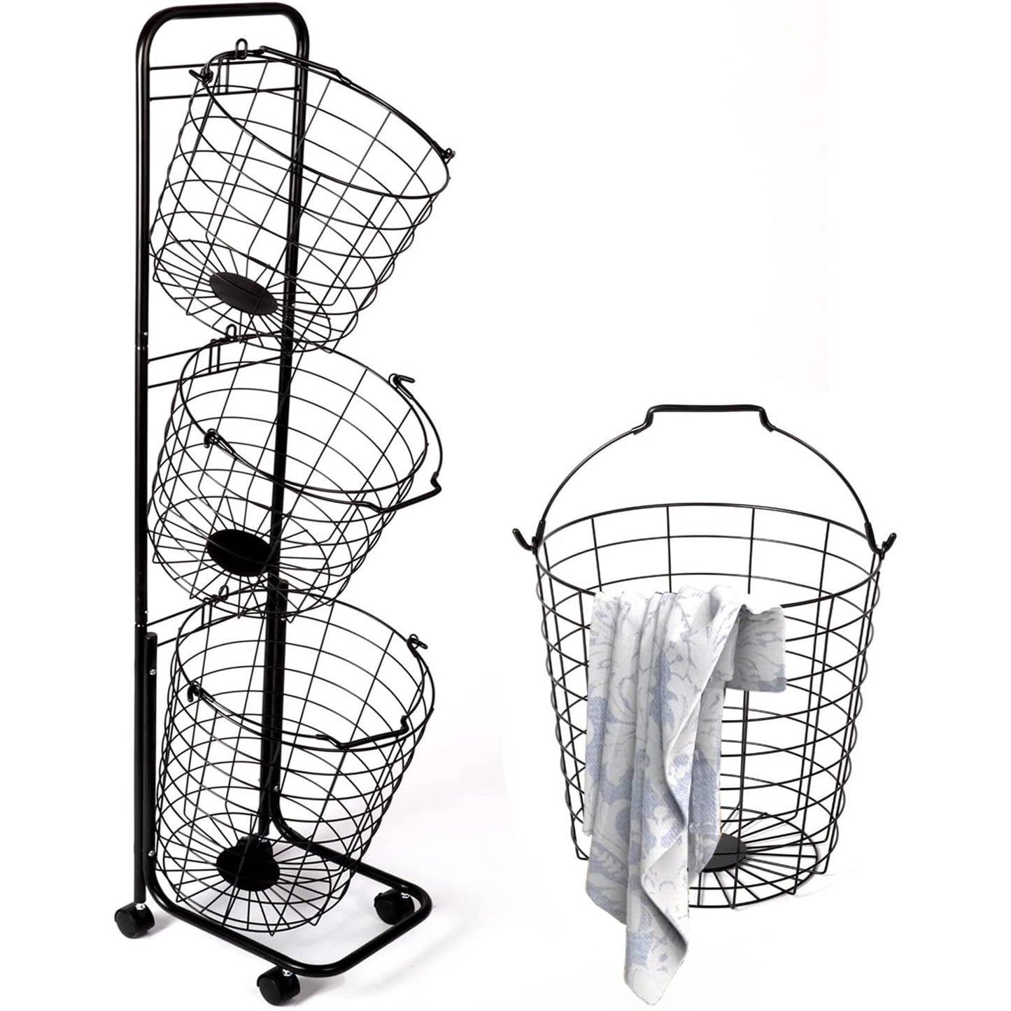 YOUPINS Removable 3 Tier Metal Rolling Laundry Basket Cart,Large Capacity Wire Basket Laundry Hamper with Wheels, Laundry Butler for Bathroom Bedroom Laundry Room