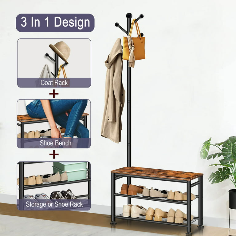 YOUPINS Coat Rack Shoe Bench, Hall Tree Entryway Storage Bench, Wood Look Accent Furniture with Metal Frame, 3-in-1 Design (Rustic Brown)