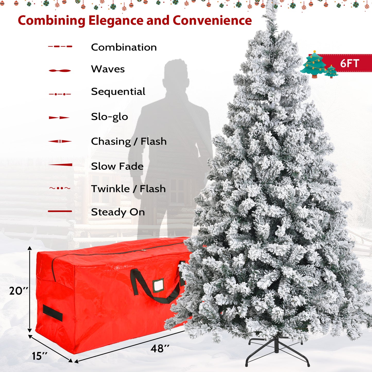 IZNEN 6ft Prelit Snow Flocked Christmas Tree,8 Modes LED Lights,Artificial Xmas Tree with Large Storage Bag