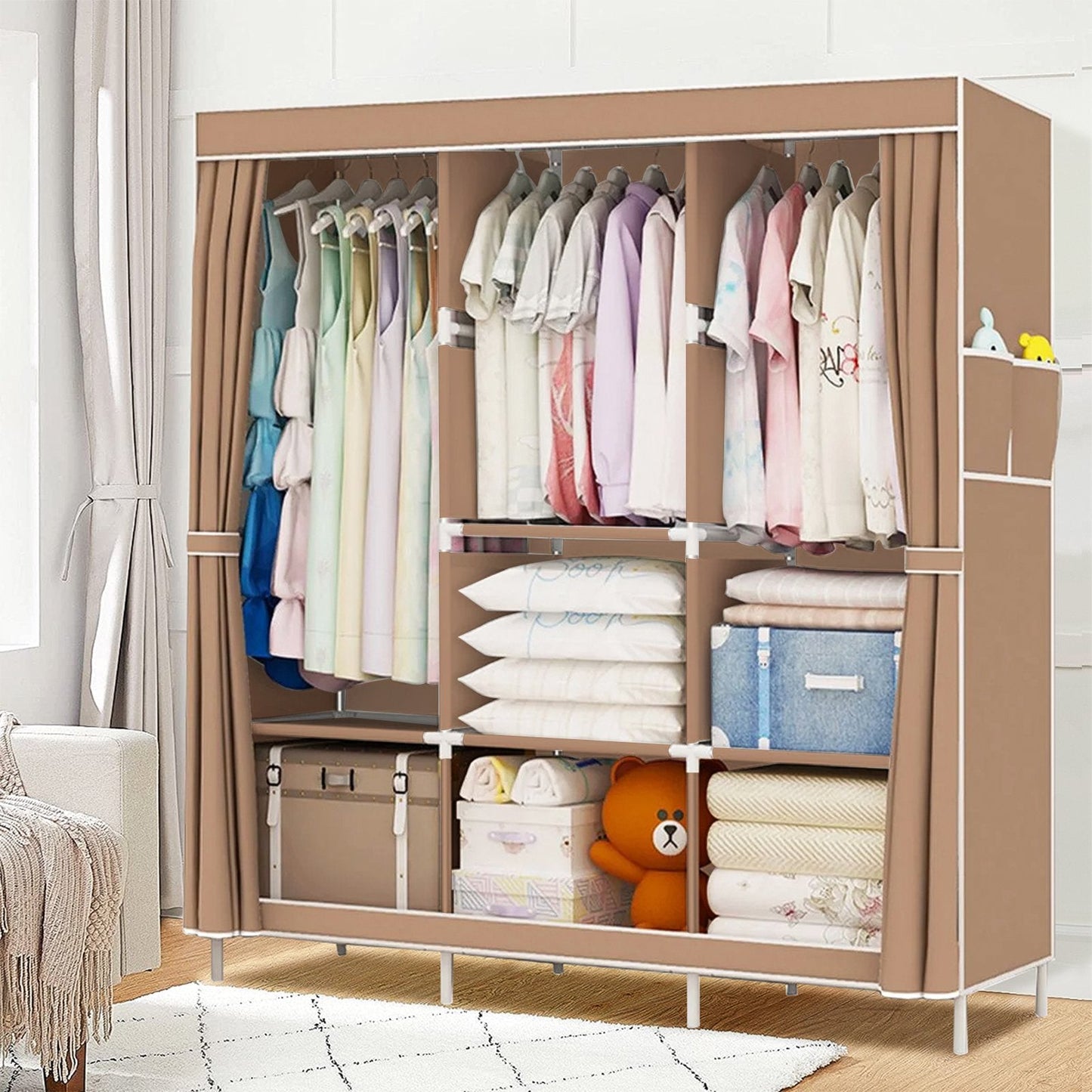 Clothes Organizer 3 Hanging Rod Shelf Portable Closet with Cover Clothes Rack Standing Closet Clothes Storage Wardrobe Garment Cabinet